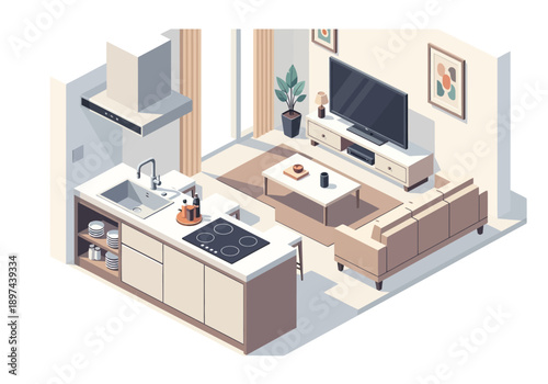 Isometric illustration of a modern living room and kitchen with furniture, appliances, and decor from an aerial viewpoint