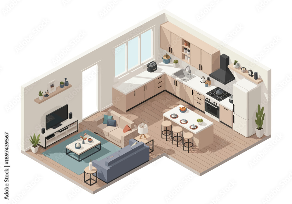 Obraz premium Isometric View of Modern Open-Plan Living Space with Kitchen and Living Room