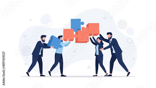 Teamwork concept, business people assembling puzzle pieces for success