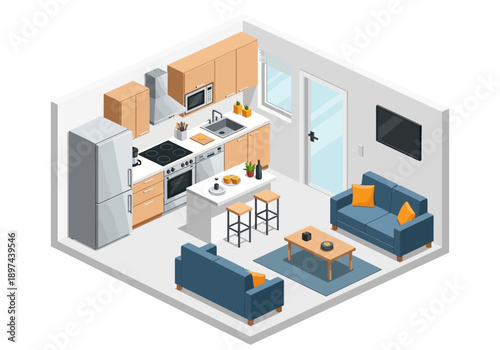 Isometric view of a modern living space with furniture and kitchen appliances in a 3D illustration