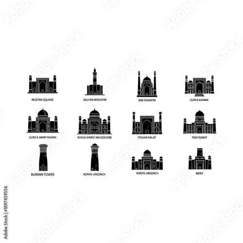 Illustrations of famous buildings and monuments in various architectural styles are depicted.