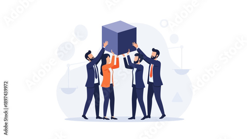 Teamwork Holding Up a Cube - Business Collaboration and Unity Concept