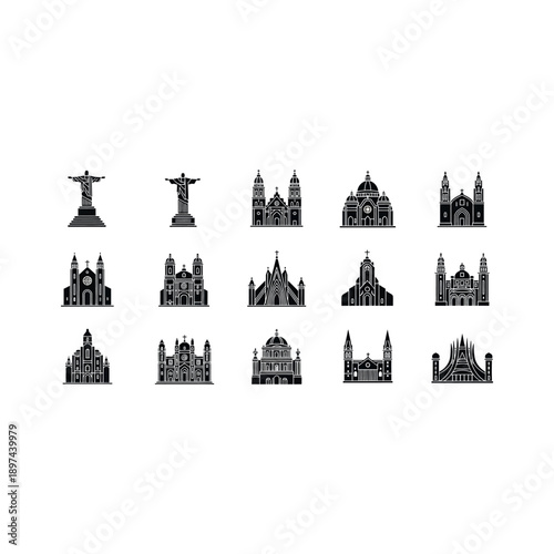 Collection of famous landmarks and monuments illustrated in black and white, showcasing architectural diversity and cultural heritage.