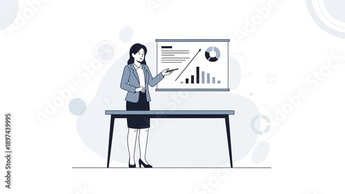 Businesswoman presenting financial growth chart on whiteboard