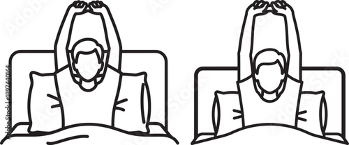 Person stretching in bed illustration, waking up morning routine, sleepy man or woman, simple line art