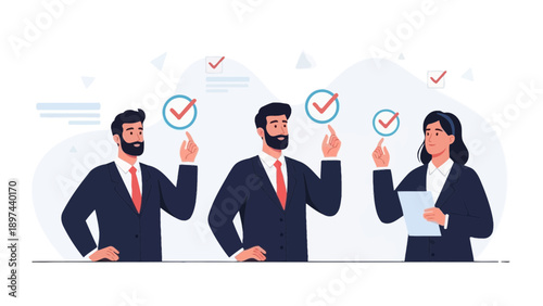 Teamwork success: business people with checkmarks and approval