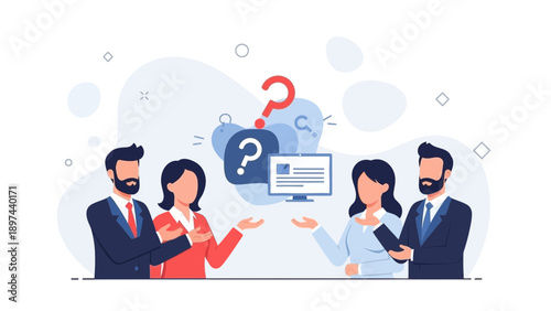 Business Team Discussing Solutions with Question Marks and Computer