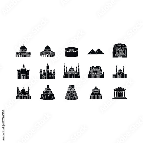 Various famous landmarks and monuments are depicted in silhouette.