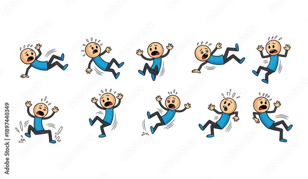 Naklejka premium Cartoon Stick Figures Falling and Slipping in Various Positions with Shocked Expressions accident action