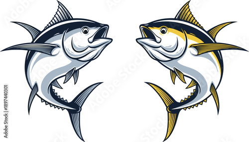 Vector illustration of two jumping tuna fish with open mouths and detailed fins, perfect for seafood branding, sport fishing logos, and marine.