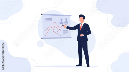 Businessman presenting financial report on whiteboard with charts and graphs