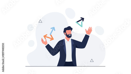 Businessman juggling arrows representing growth, strategy, and decision making