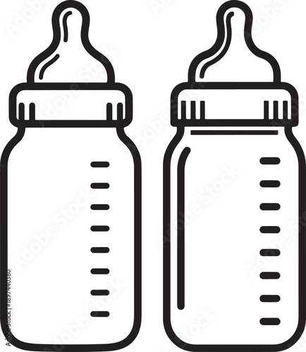 Two baby bottles with nipples and measurement markings, simple line drawing for infant feeding