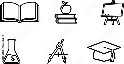 education icons including book beaker and graduation cap symbols