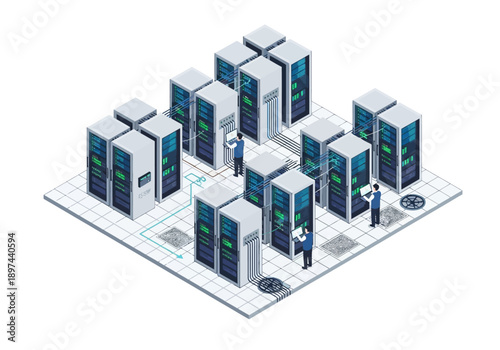 Isometric illustration of servers and technicians in a data center facility viewed from above