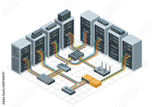 Complex data center infrastructure with servers and network connections in a grid layout viewed from above