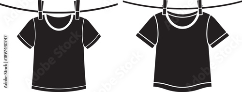 Two t-shirts hanging on a clothesline with clothespins, laundry day concept, simple graphic illustration