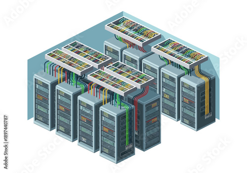 Complex server infrastructure with multiple interconnected servers and data storage systems in a high-tech environment viewed from above
