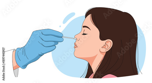 Doctor in a medical glove taking a nasal swab sample from a young woman for a PCR test for covid-19 diagnosis.