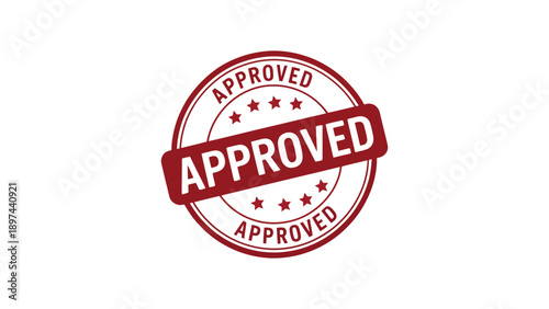 approved red rubber stamp badge with stars, official confirmation label for business, quality control, document verification and authorization use