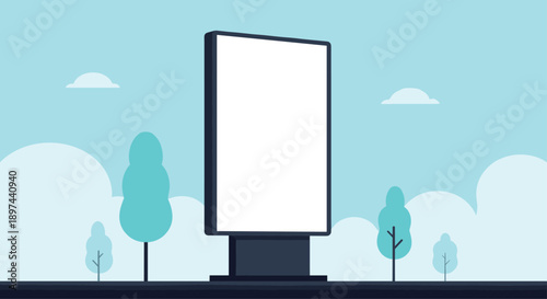 Blank white vertical billboard for advertising, standing in a city park with trees and a clear blue sky background.