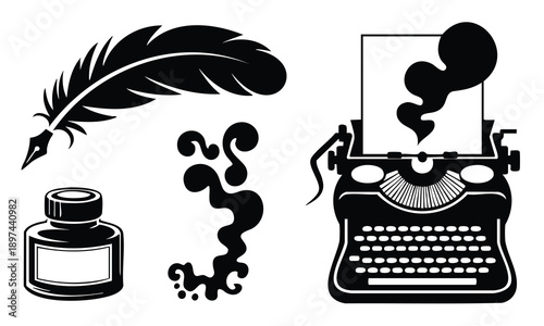 World book day silhouette typewriter feather ink bottle writing tools