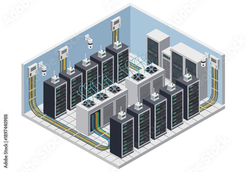 Isometric View of Industrial Facility with Servers and Equipment