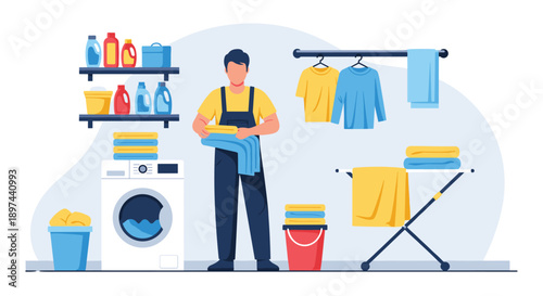 Professional laundry service worker in uniform folding clean clothes in a well-equipped laundry room with a washing machine.