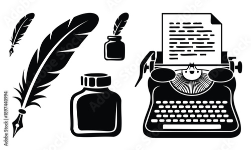 World book day silhouette set bundle with quill, ink bottle, and typewriter