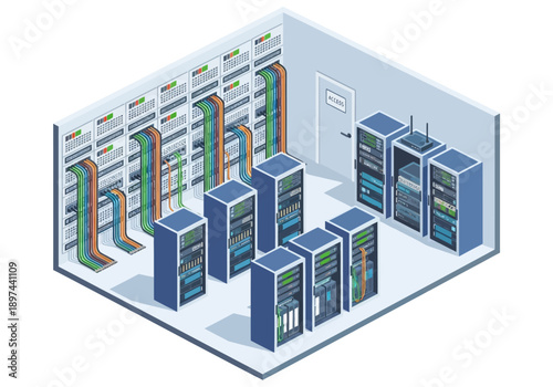 Isometric illustration of servers and data center equipment in a room with various cables and wires