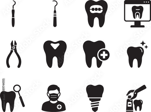Filled dentist glyph icons set with dental tools, braces, radiograph, clean tooth symbols for web and UI.