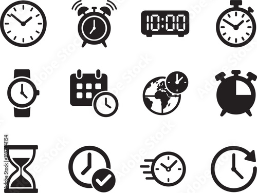 Set of clock icons showing time concepts, clean vector symbols for UI, apps, websites, schedules, and design use.