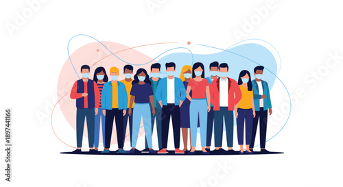 Diverse crowd of people standing together and wearing protective medical face masks to prevent virus spread during a pandemic.