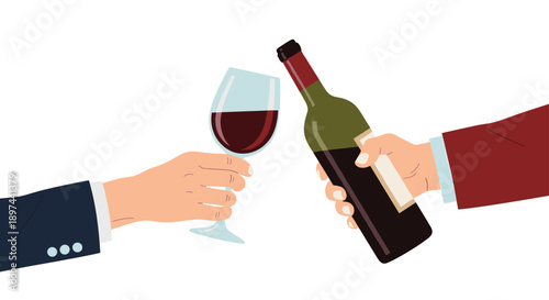 Close-up of a person pouring red wine from a bottle into a glass held by another person, perfect for celebrations or dining.