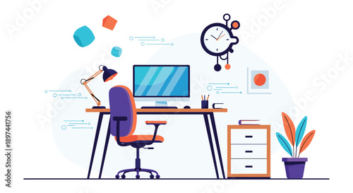 Modern and creative workspace interior with a desk, computer, and a melting clock, symbolizing time management and deadlines.