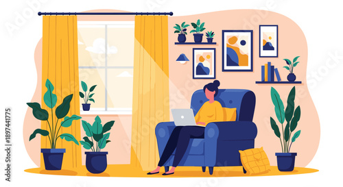 Young woman working from home on her laptop, sitting comfortably in an armchair in a cozy and plant-filled living room.