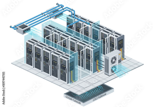 Isometric illustration of a data center with servers and networking equipment from an aerial viewpoint
