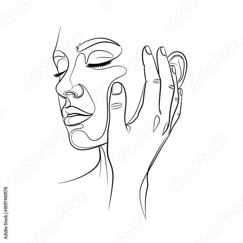 Minimalist Line Art of a Womans Face and Hand.