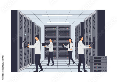 Three technicians inspect servers in a large data center facility