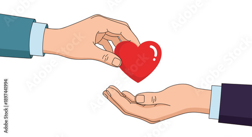 One person giving a red heart to another, symbolizing love, charity, organ donation, and sharing kindness and compassion.