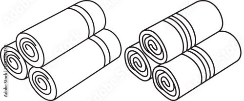 Rolled towels illustration, stacked bath towels, spa or hotel linen, simple line art graphic