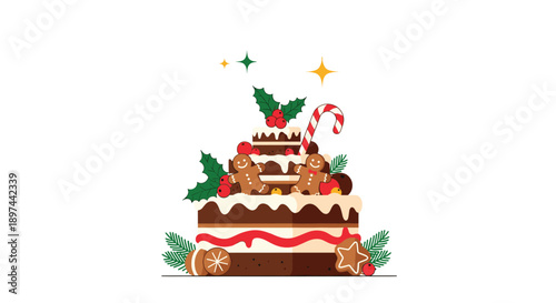Festive multi-layered Christmas chocolate cake decorated with gingerbread men, a candy cane, holly, and sparkling stars.