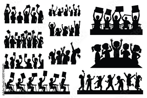Silhouette groups of people and children holding signs and raising hands