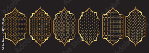 Islamic arabic geometric pattern designs in gold arches on dark background