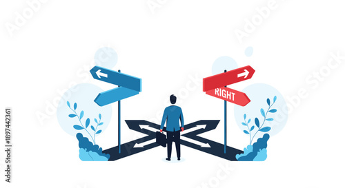 Businessman standing at a crossroads facing a difficult decision, with signs pointing in opposite directions representing choices.