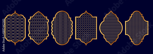 Islamic traditional arabic arch with geometric lattice patterns designs with intricate gold borders on dark background