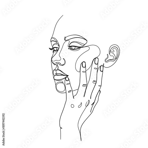 Minimalist Line Art Portrait of a Woman Touching Face.