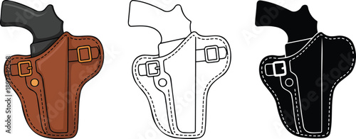 Gun holster silhouette & Outline and illustration set isolated on transparent background