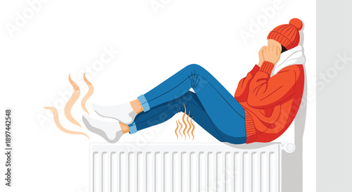 Person wearing warm winter clothes sitting on a hot radiator to warm up during a cold season, illustrating high heating costs.