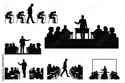 Classroom scenes with teacher and students silhouettes